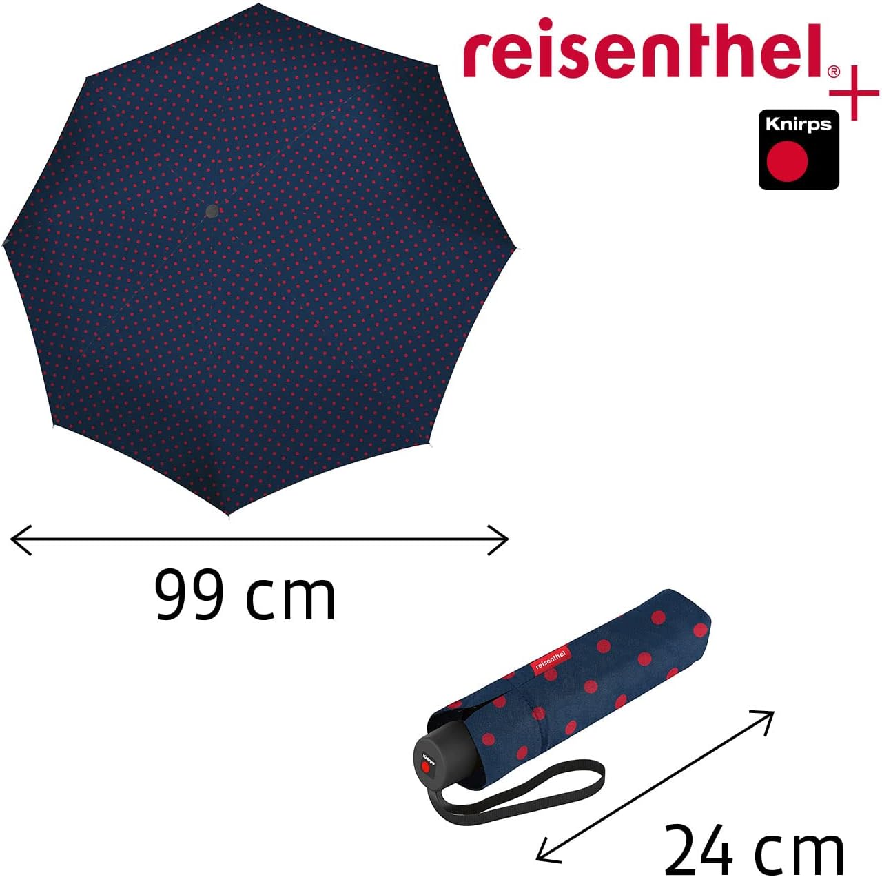 reisenthel Compact Travel Umbrella Pocket Classic, Windproof, Easy-Fit Carry Case, Lightweight and Durable, Mixed Dots Red