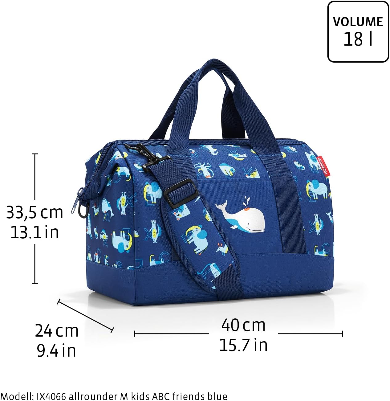 reisenthel Allrounder M Kids Medium Weekender Bag, Versatile 6-Pocket Padded Duffel for Children, ABC Friends Blue